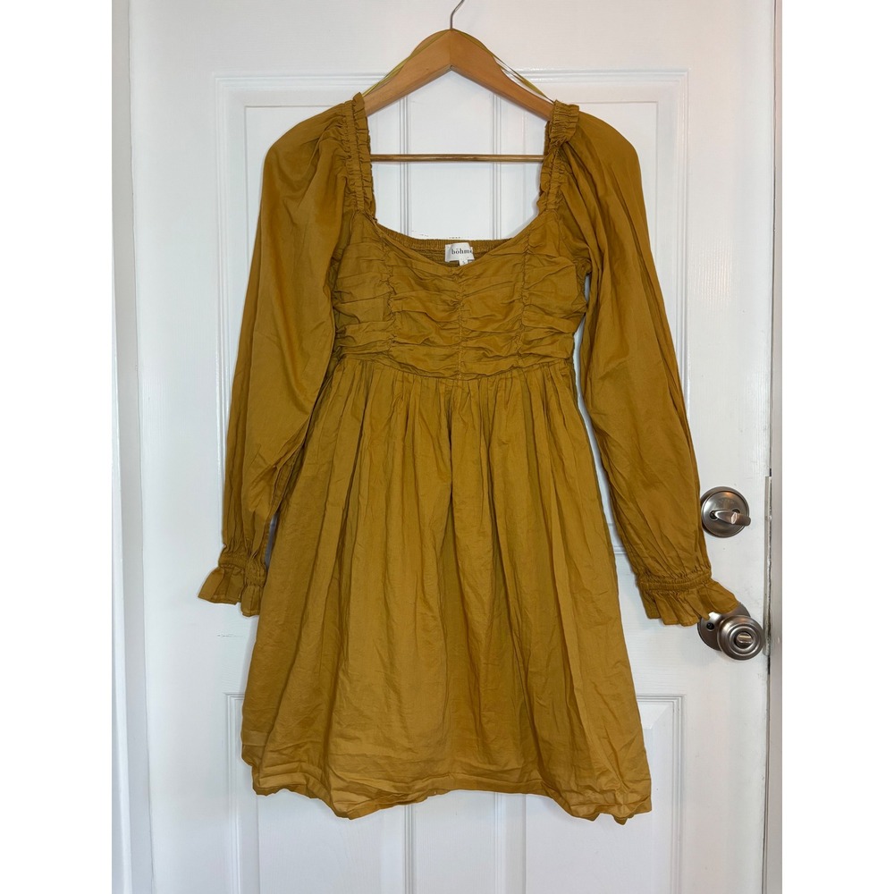 Böhme Mini Dress Womens S Mustard Yellow Excellent Ruched Smocked Cotton MAD2087